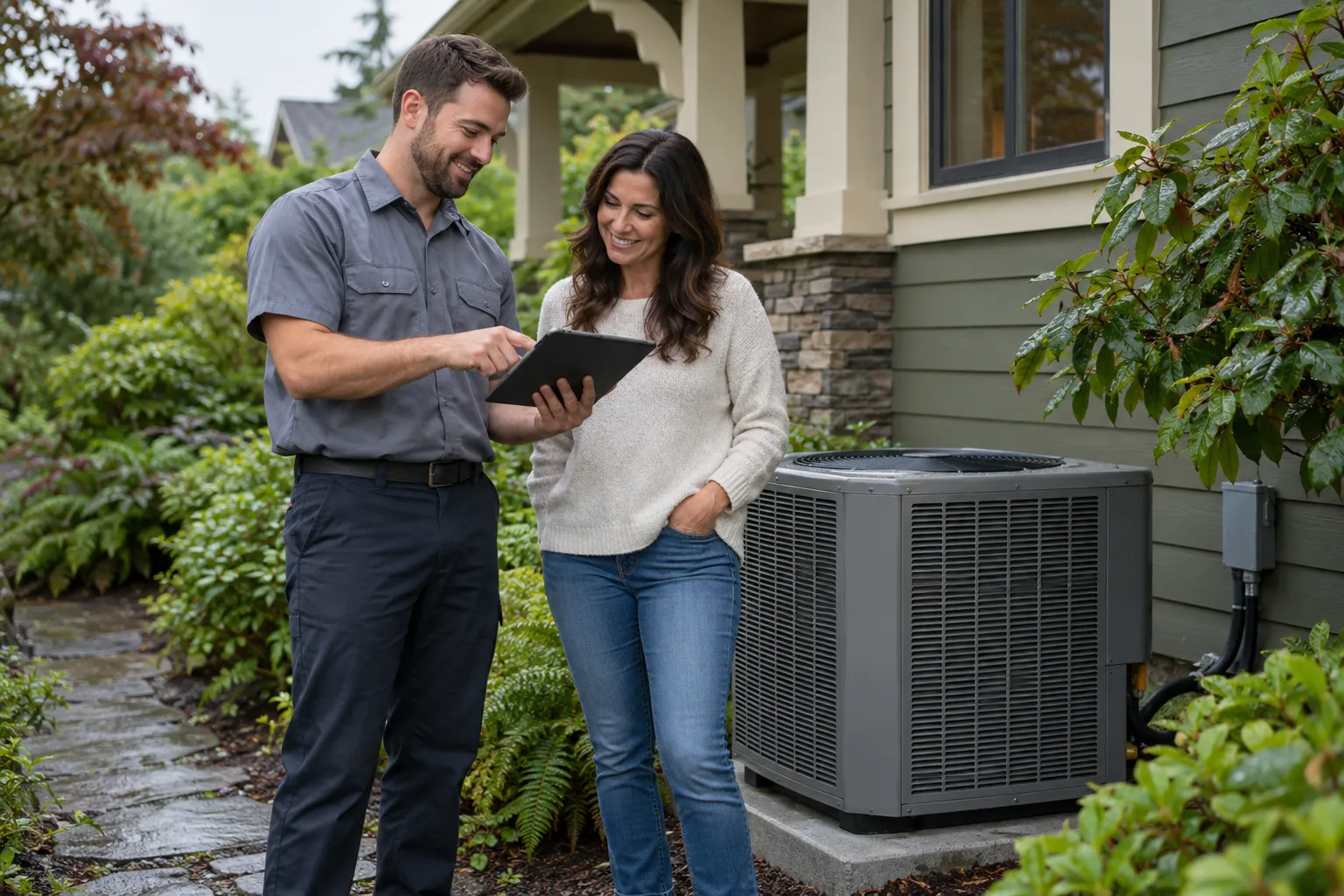 A friendly provider showing a new outdoor air conditioner to a homeowner at a wood-frame house in the Snoqualmie area