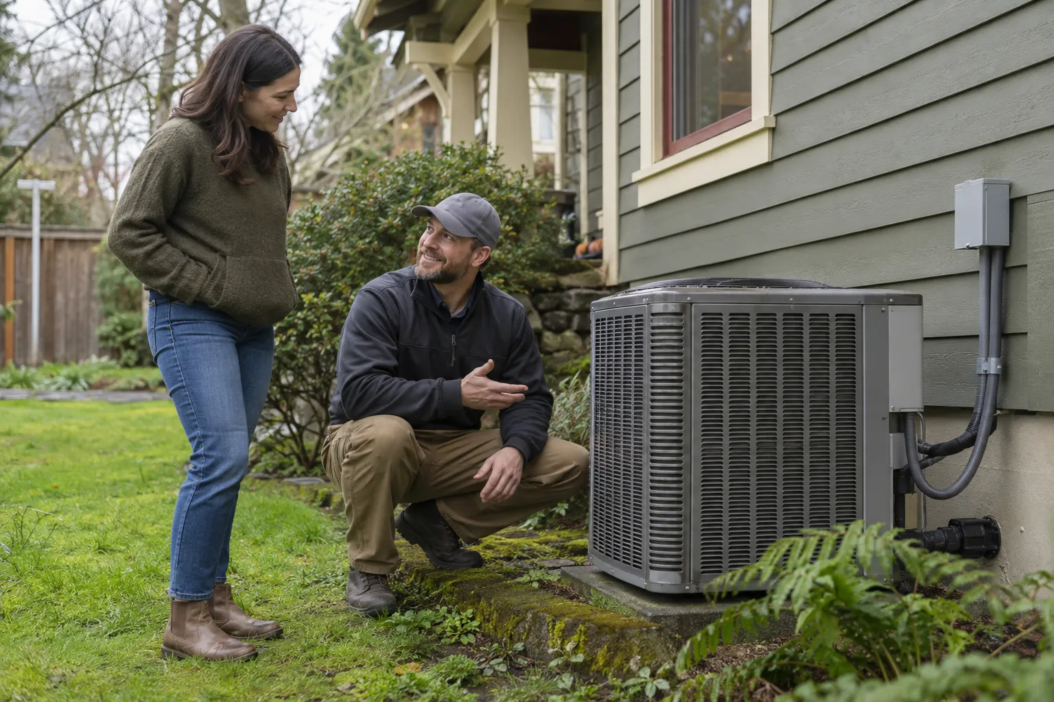 A friendly HVAC provider checking an outdoor air conditioner beside a wood-frame home in the Snoqualmie area