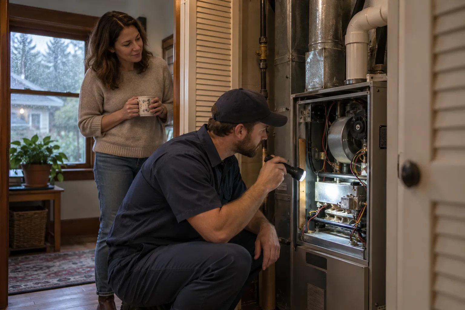 A friendly HVAC provider kneeling beside a home furnace while a Snoqualmie homeowner looks on