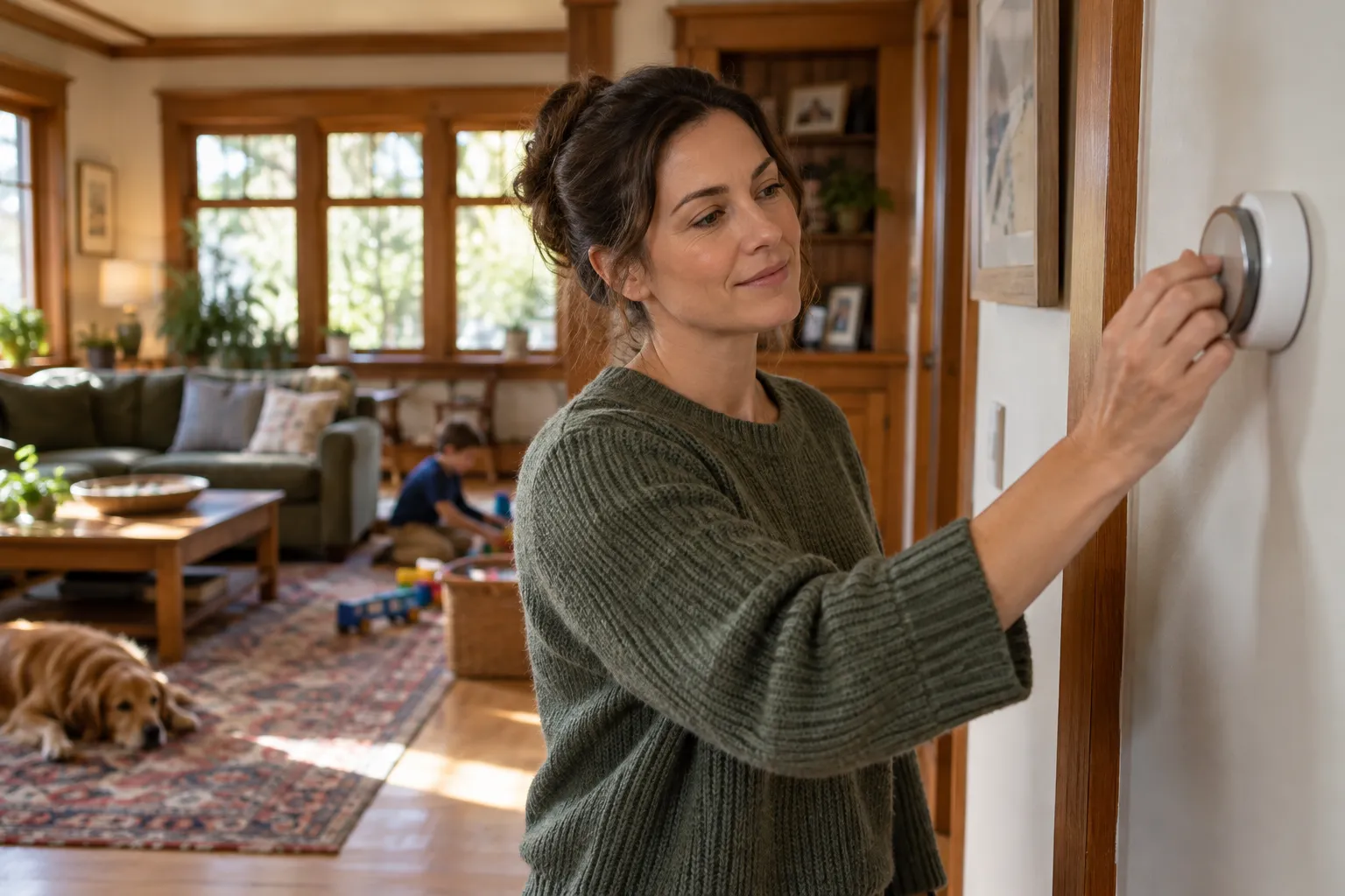 A homeowner checking a thermostat in a cozy the Snoqualmie area home