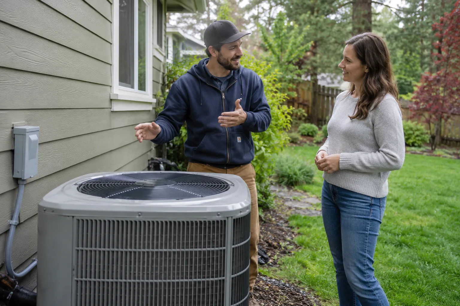 A friendly HVAC provider talking with a homeowner beside an outdoor AC unit in Snoqualmie
